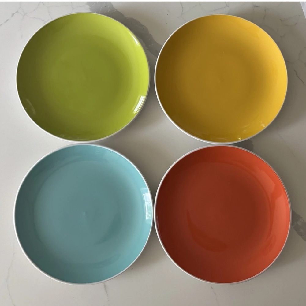 (4) Tag Ceramic Plates Dessert Appetizer 8” Retro Frutiger Aqua Green Orange